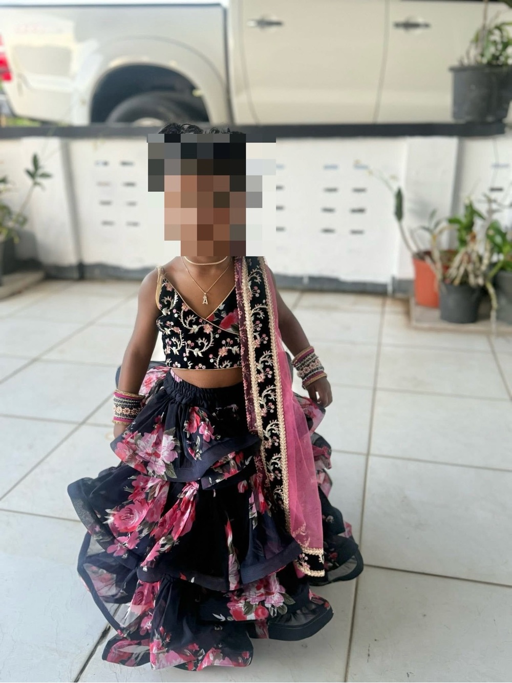 Girls' Floral Black & Pink Festive Lehenga Set - Traditional Kids Costume